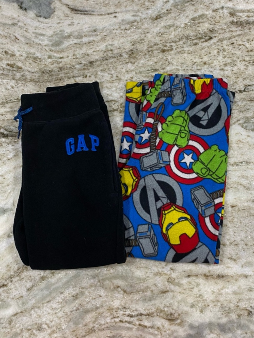 GAP Black Joggers with Bright Blue Marvel Fleece pajama bottom. Size Medium